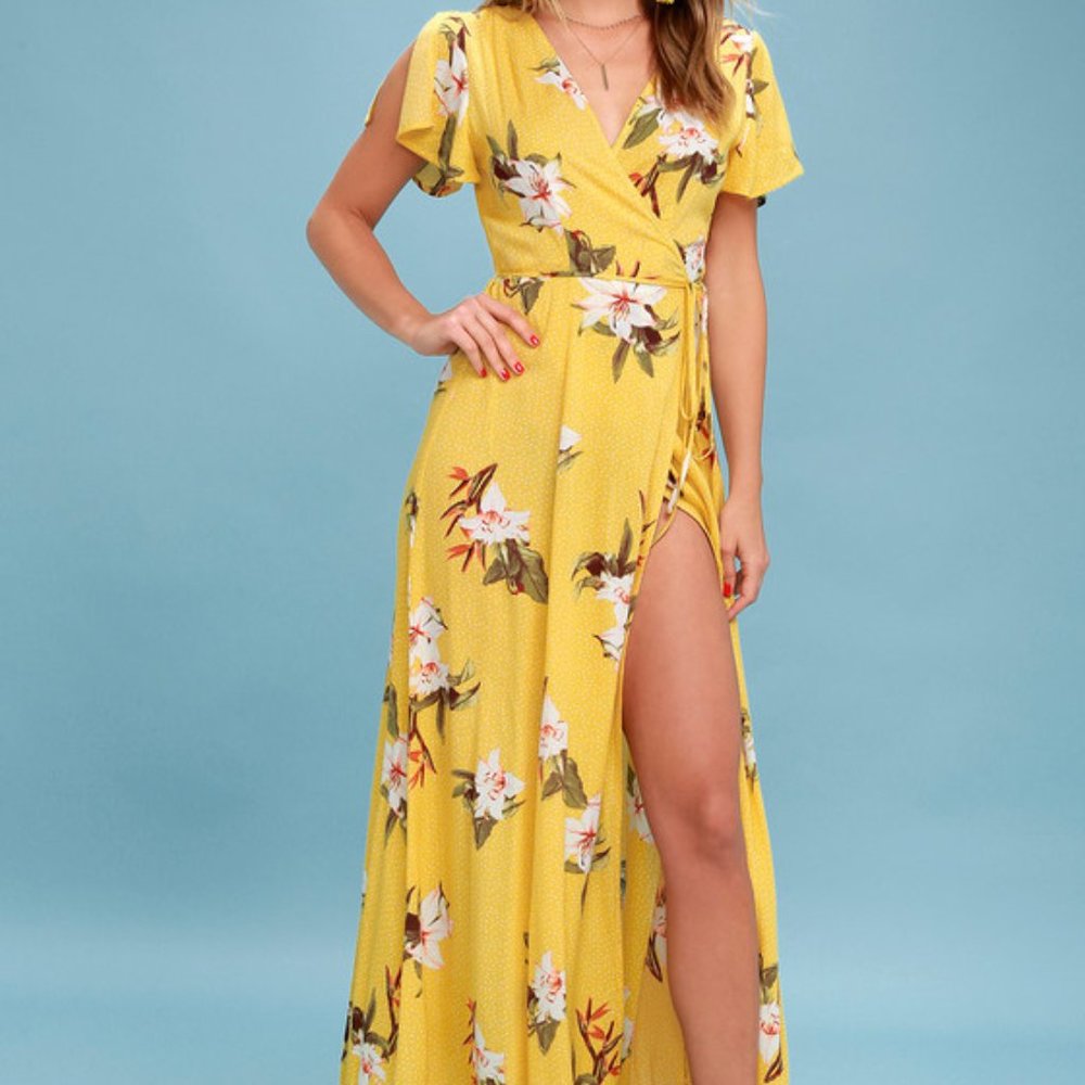Heart of Marigold Yellow Tropical Print Wrap Maxi